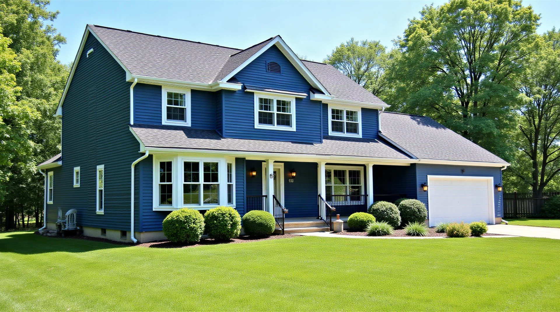 Two-story suburban house with freshly painted navy blue siding and clean white trim, sunny day, green lawn, real estate photography