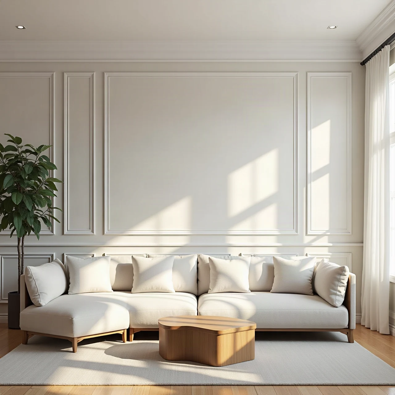 Bright modern living room with freshly painted soft greige walls and crisp white trim, natural daylight, upscale minimal furniture, architectural interior photo